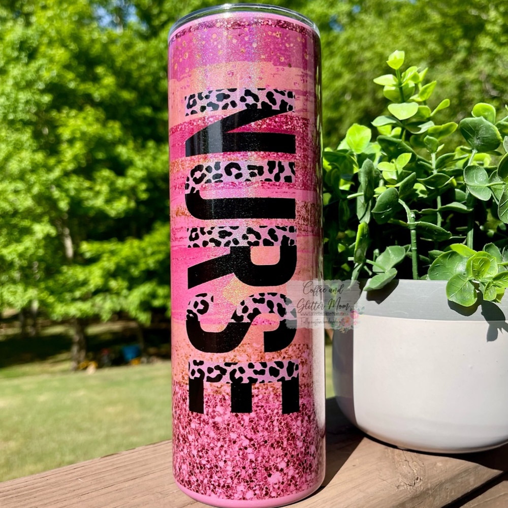 Pink Animal Print Holographic Sparkle Nurse Tumbler 20oz Skinny Straw Custom NEW